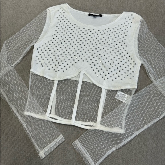 White Rhinestone Mesh Corset Crop Top - Picture 3 of 7